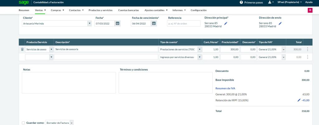 Invoice creation screen in Sage